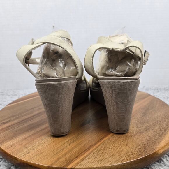 Crocs Leigh II Beige Canvas Leather Ankle Strap Casual Wedge Sandal Womens 9 - Picture 3 of 14